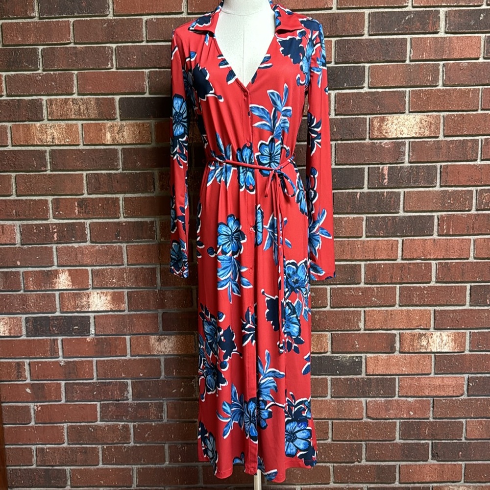 Zara Red & Blue Floral Midi Dress Size Small